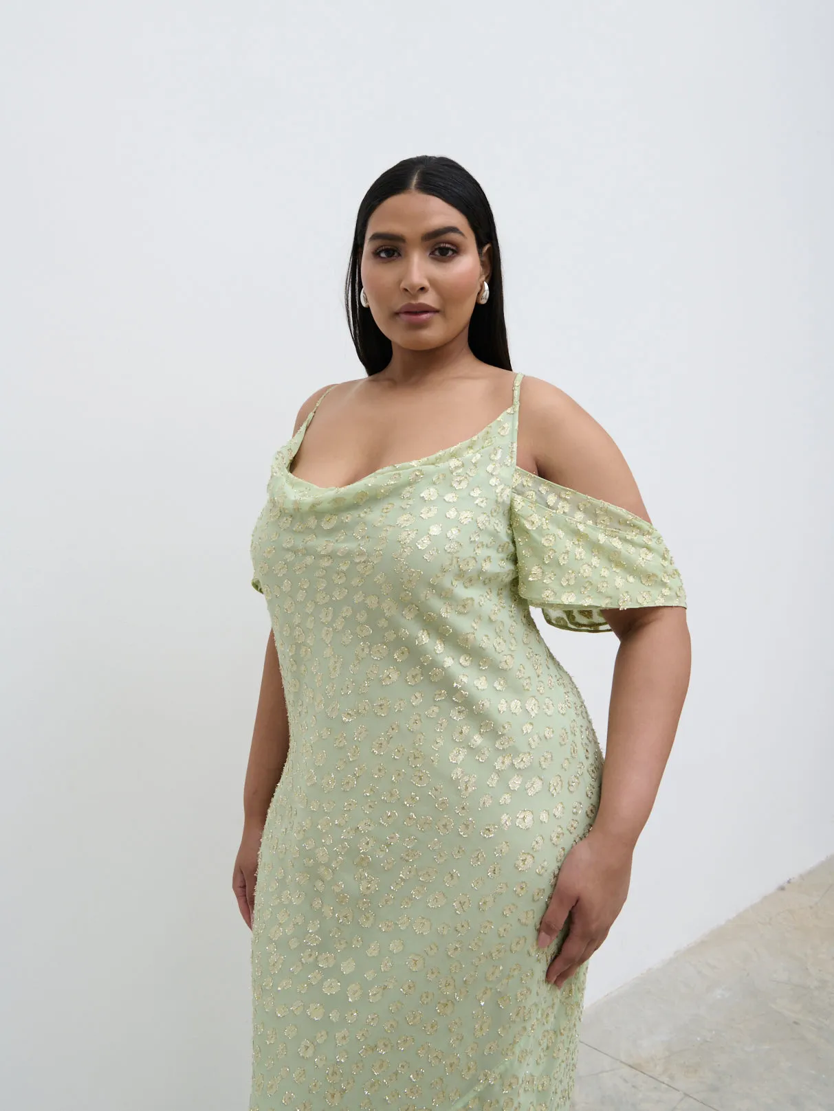 Nia Cold Shoulder Maxi Dress Curve - Pistachio Metallic sold by Pretty Lavish product image thumbnail 2