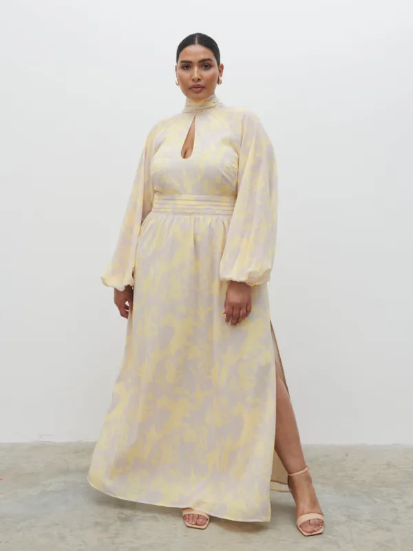 Steph Keyhole Maxi Dress Curve - Lemon and Beige Floral sold by Pretty Lavish