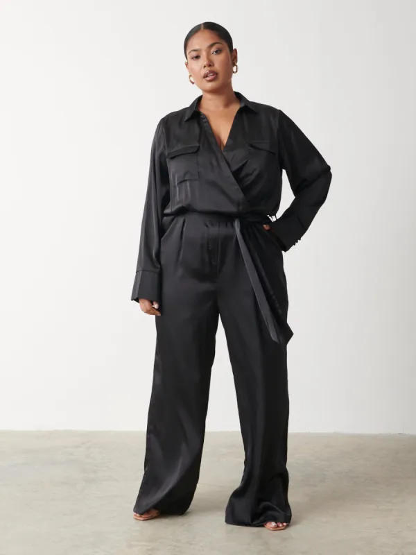 Carmen Satin Jumpsuit Curve - Black sold by Pretty Lavish