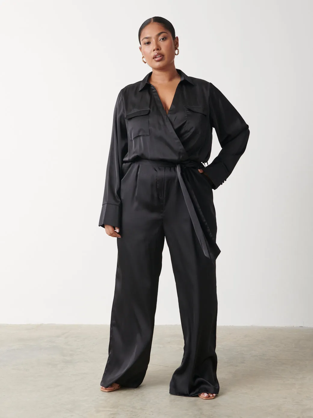 Carmen Satin Jumpsuit Curve - Black sold by Pretty Lavish