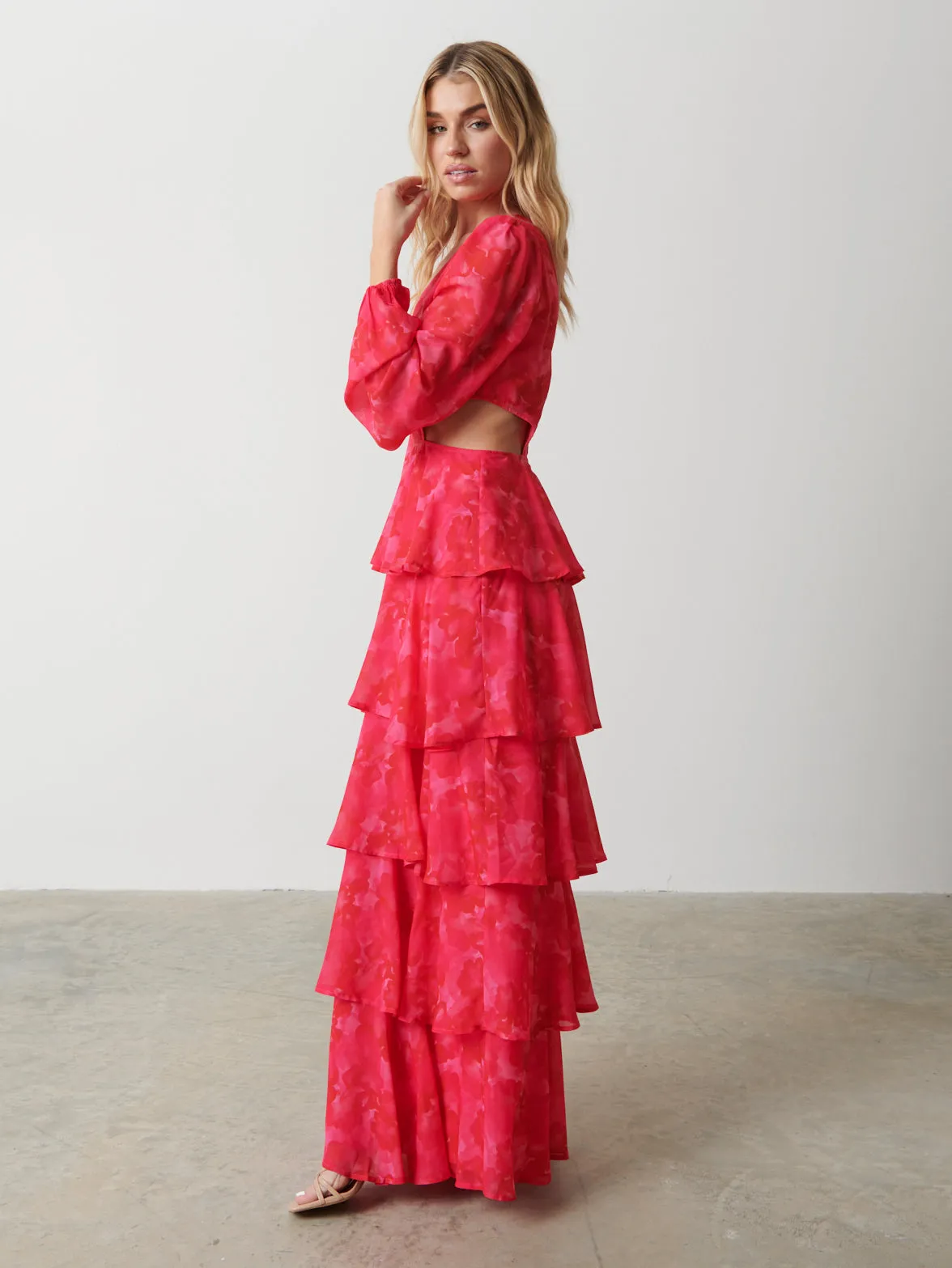 Ashton Cut Out Maxi Dress - Pink and Red Watercolour sold by Pretty Lavish