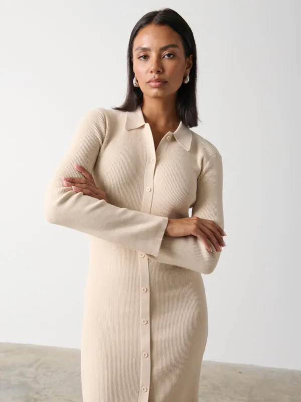 Lennox Buttoned Knit Midaxi Dress - Ecru sold by Pretty Lavish