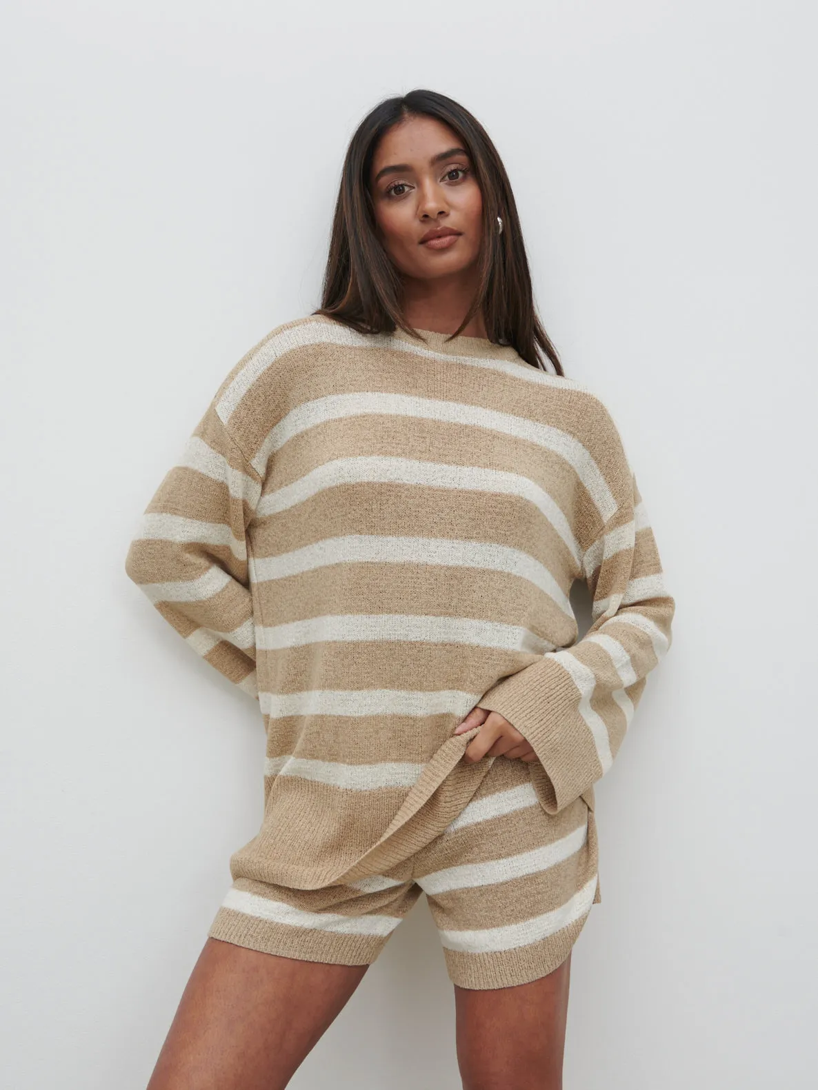 Dakota Stripe Knit Jumper - Oatmeal and Cream sold by Pretty Lavish