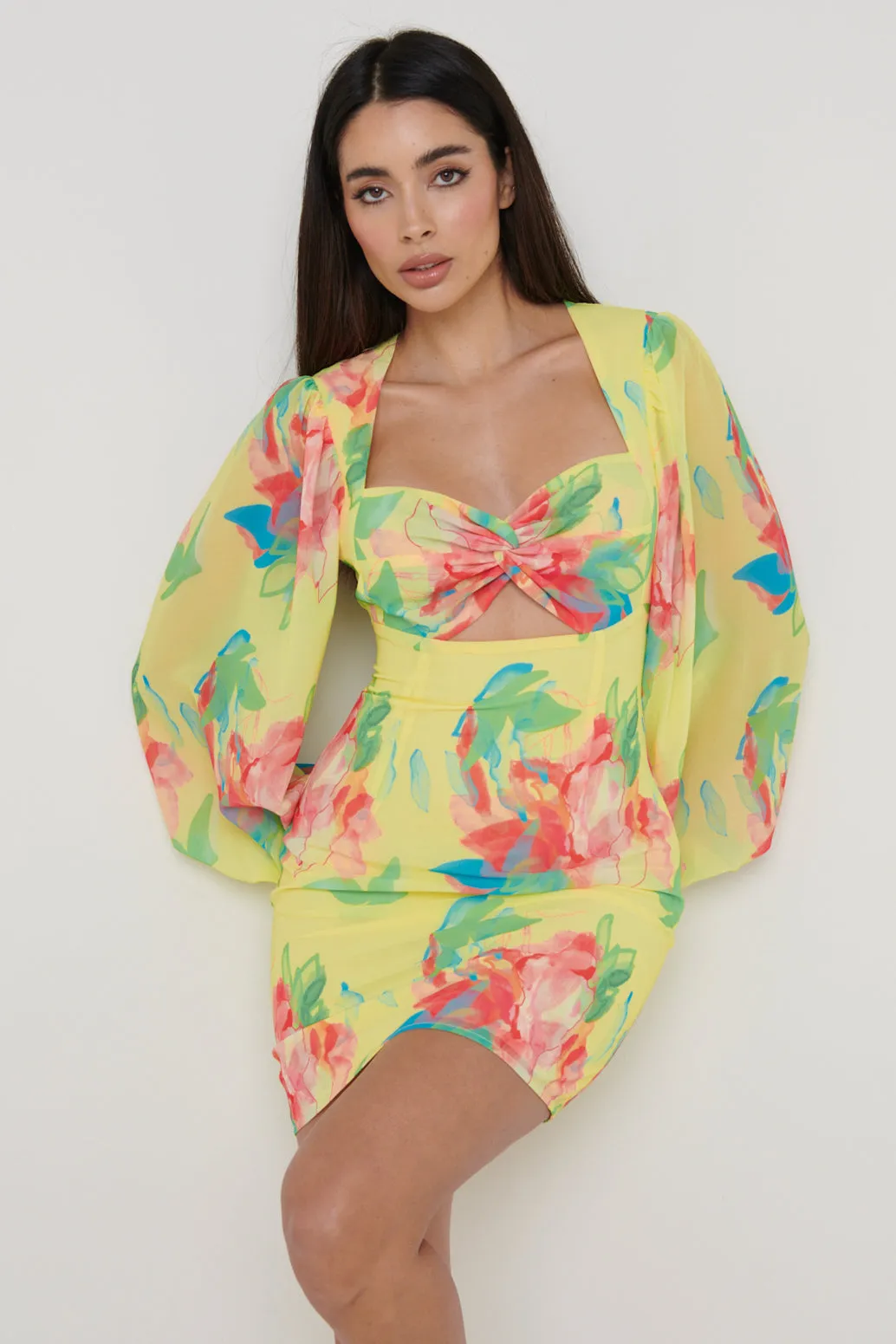 Anais Cut Out Mini Dress - Lemon Abstract Floral sold by Pretty Lavish