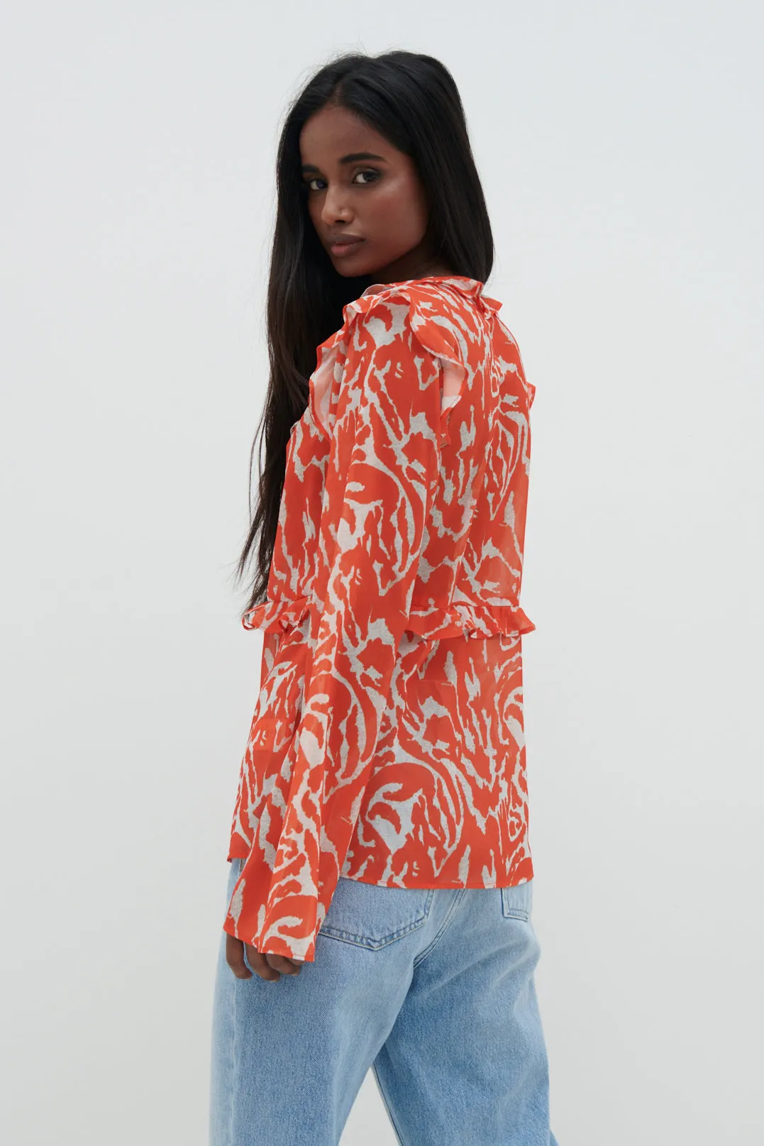 Tomlin V Neck Ruffle Tie Blouse - Zebra Orange sold by Pretty Lavish product image thumbnail 3