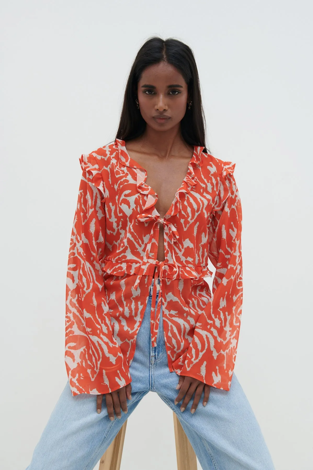Tomlin V Neck Ruffle Tie Blouse - Zebra Orange sold by Pretty Lavish product image thumbnail 4