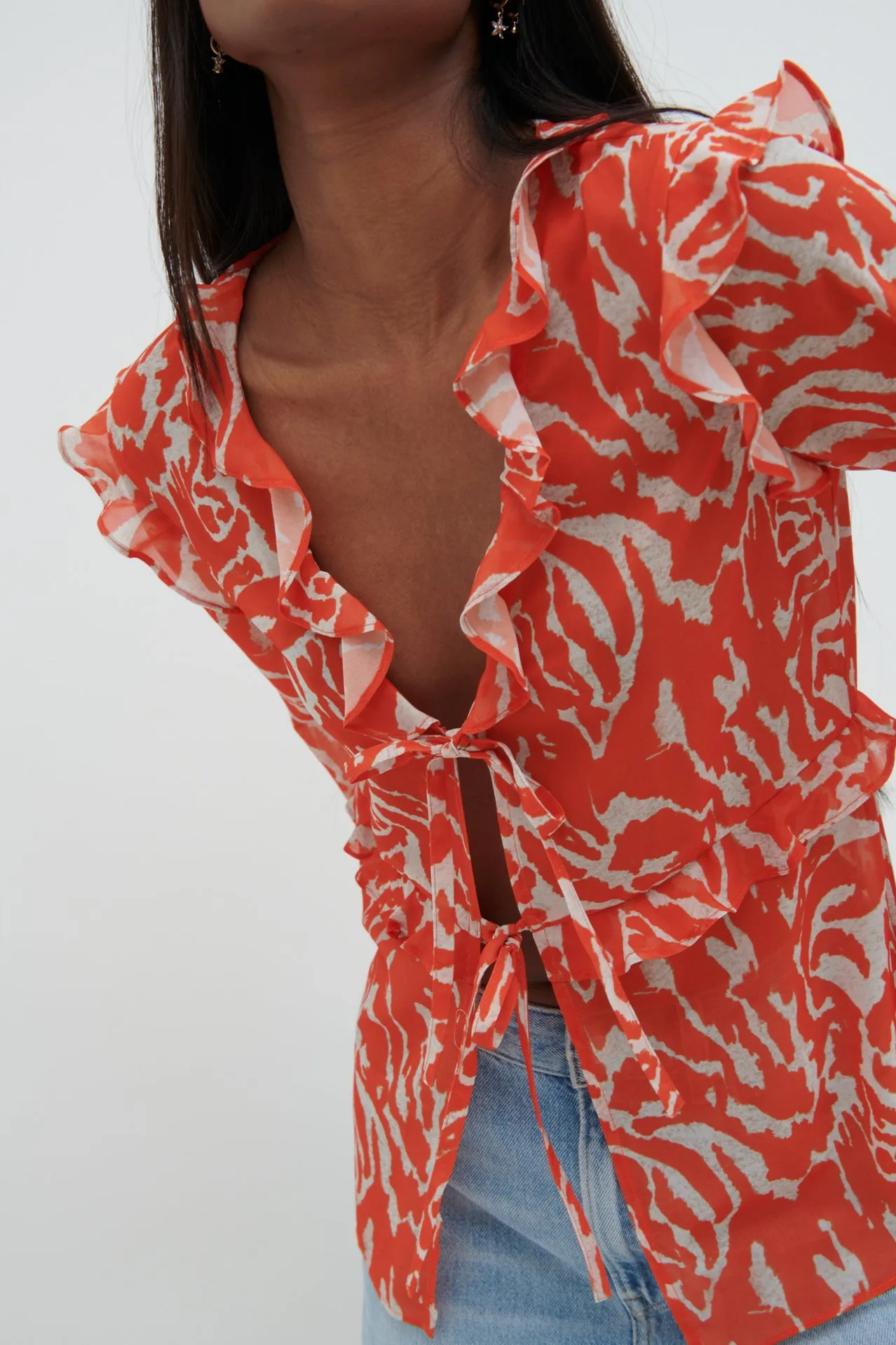 Tomlin V Neck Ruffle Tie Blouse - Zebra Orange sold by Pretty Lavish product image thumbnail 2