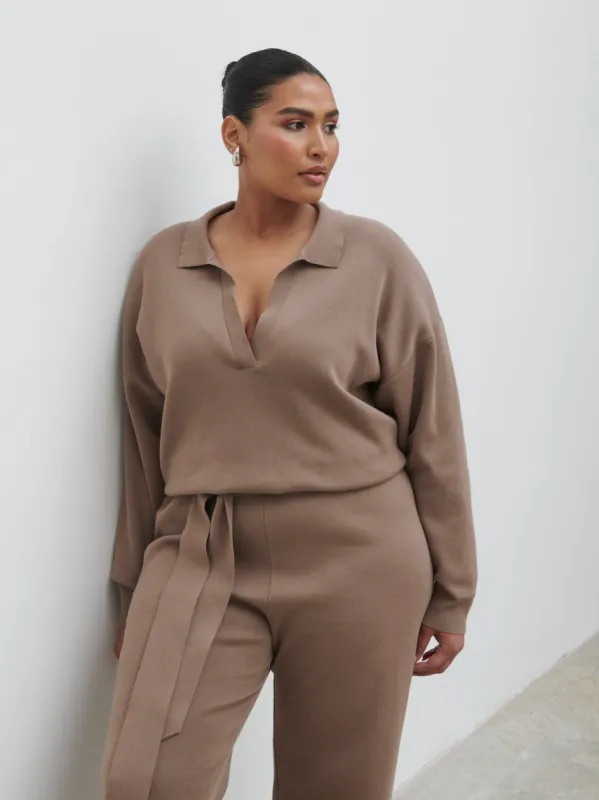 Meg Belted Knit Jumpsuit Curve - Taupe sold by Pretty Lavish