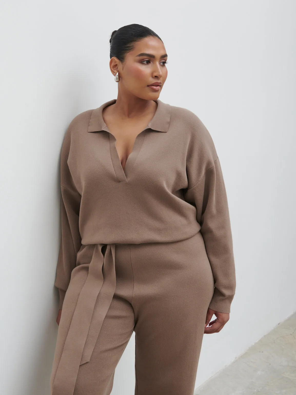 Meg Belted Knit Jumpsuit Curve - Taupe sold by Pretty Lavish