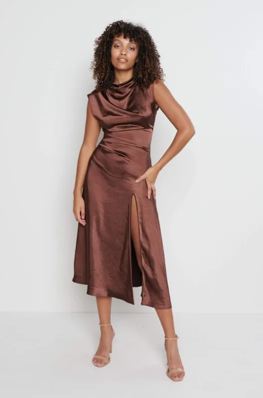 Lilith Satin Dress - Chocolate Brown sold by Pretty Lavish