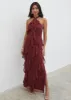 Aria Halter Neck Ruffle Maxi Dress - Wine sold by Pretty Lavish