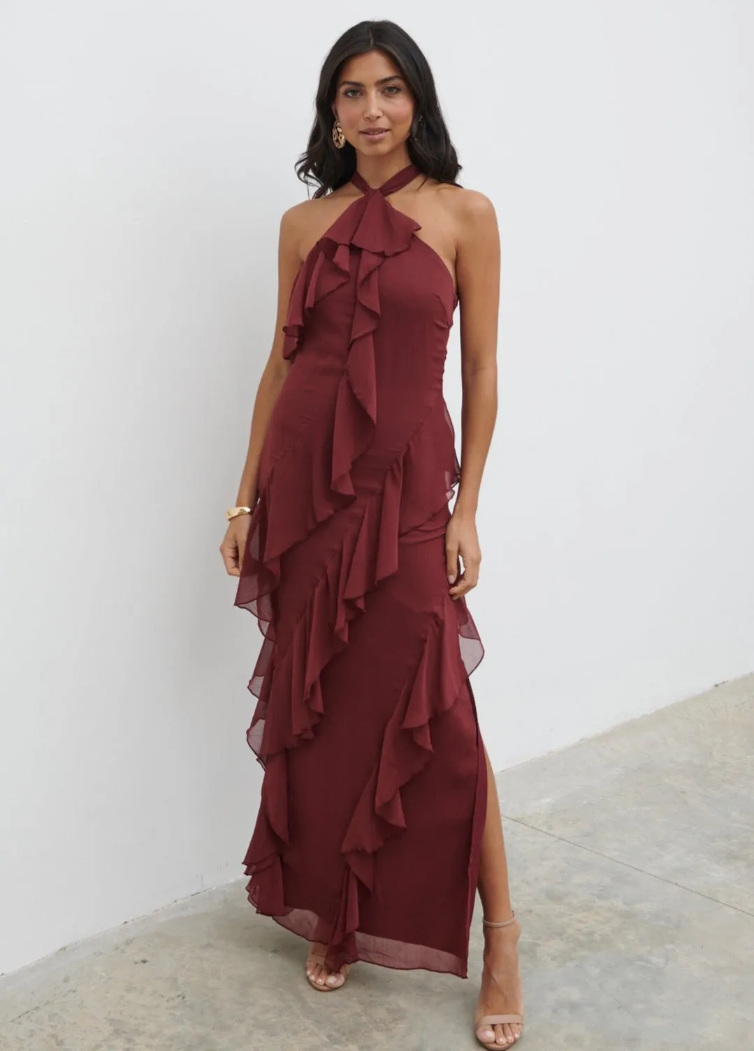 Aria Halter Neck Ruffle Maxi Dress - Wine sold by Pretty Lavish product image thumbnail 3