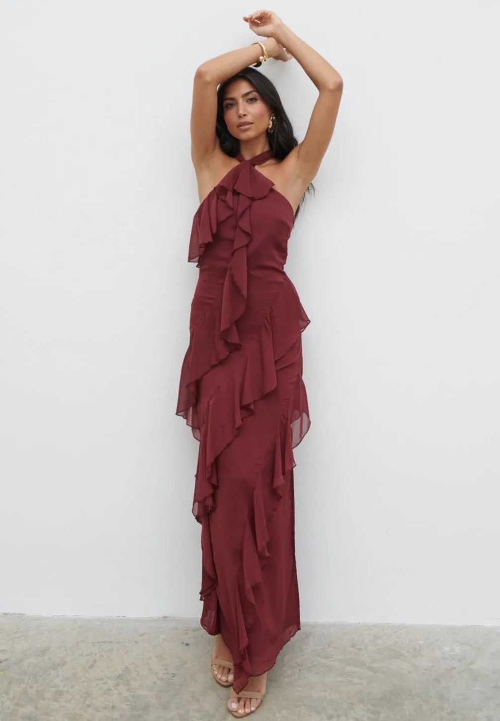 Aria Halter Neck Ruffle Maxi Dress - Wine | Parallel