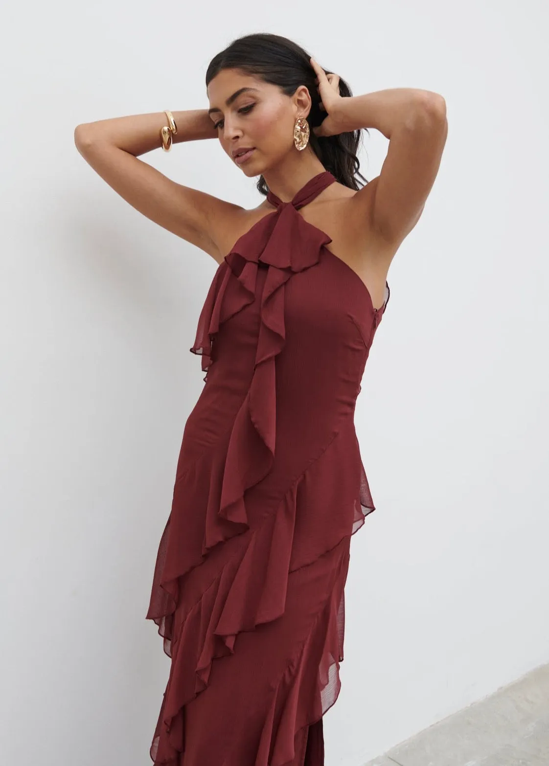 Aria Halter Neck Ruffle Maxi Dress - Wine sold by Pretty Lavish product image thumbnail 5