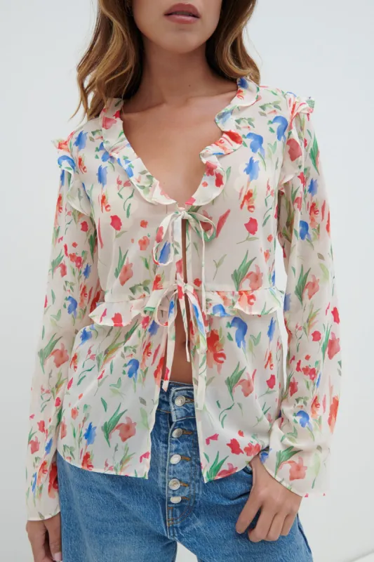 Tomlin V Neck Ruffle Tie Blouse - Dainty Floral sold by Pretty Lavish