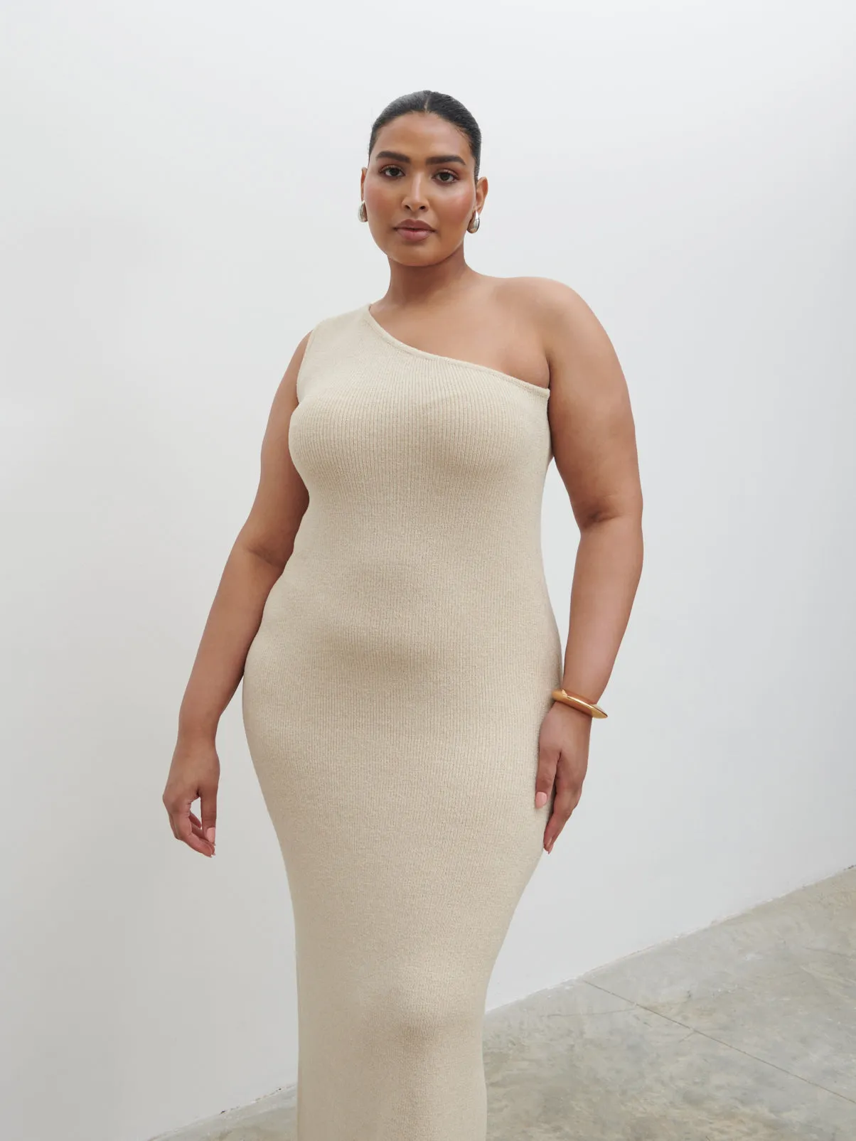 Juno One Shoulder Knit Maxi Dress Curve - Oatmeal sold by Pretty Lavish product image thumbnail 2