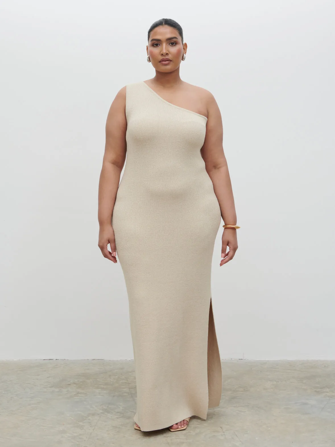 Juno One Shoulder Knit Maxi Dress Curve - Oatmeal sold by Pretty Lavish