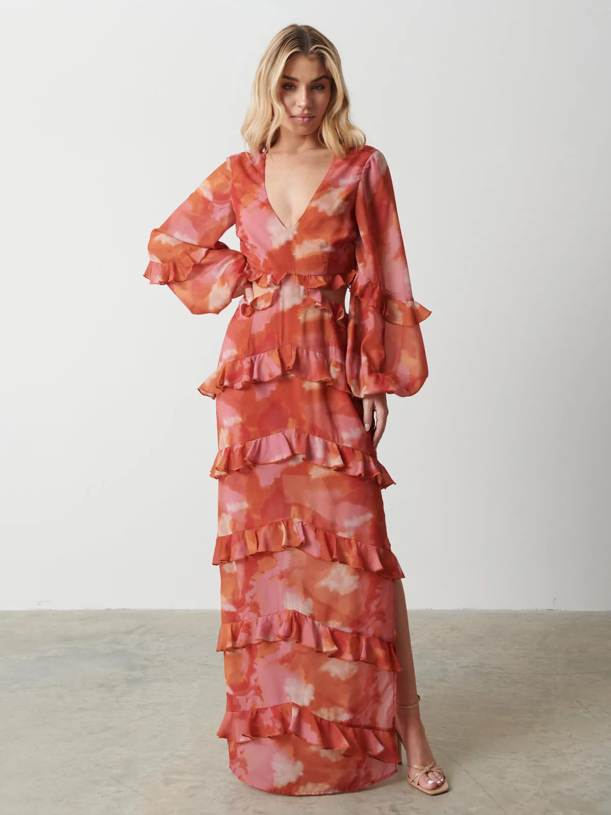 Evie Ruffle Maxi Dress - Abstract Watercolour sold by Pretty Lavish