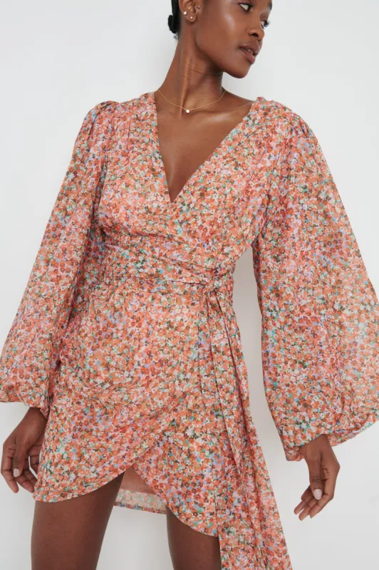 Tori Mini Drape Dress - Orange Ditsy Floral made by Pretty Lavish
