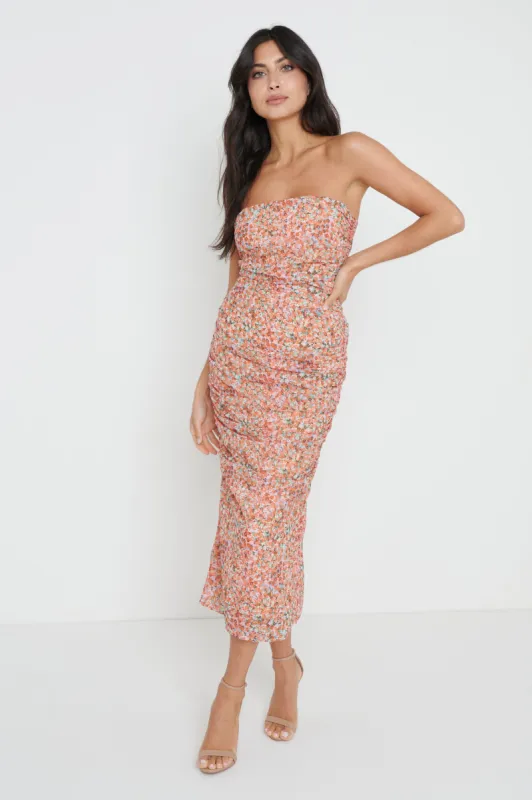 Matilda Ruched Midaxi Dress - Orange Ditsy Floral sold by Pretty Lavish