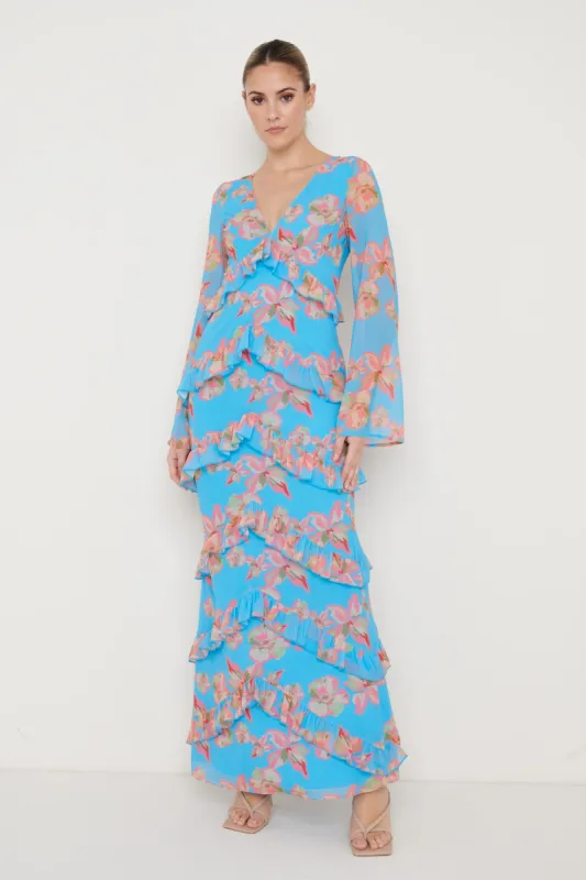 Paige Ruffle Maxi Dress - Blue Floral sold by Pretty Lavish