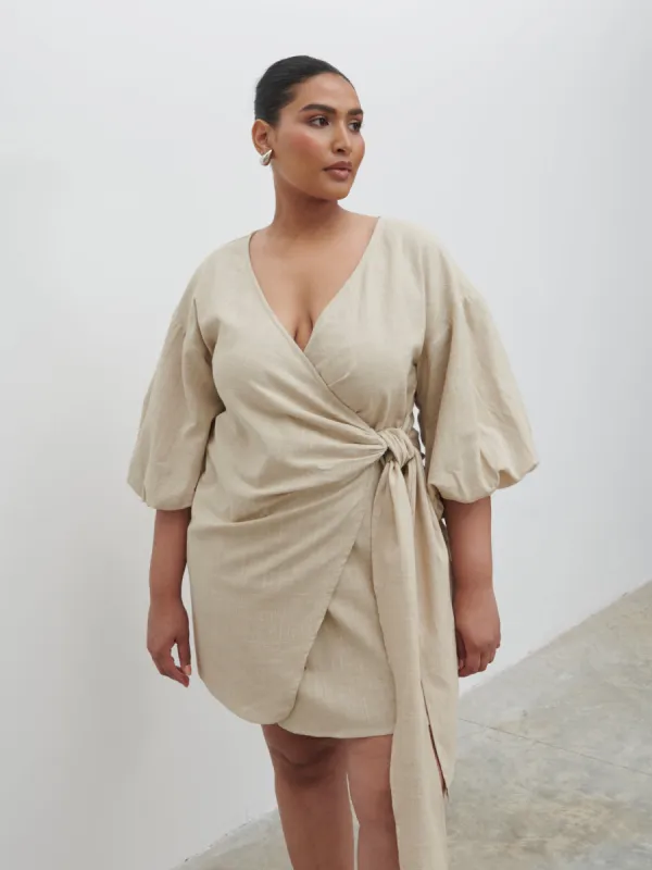 Tamara Wrap Mini Dress Curve - Natural sold by Pretty Lavish