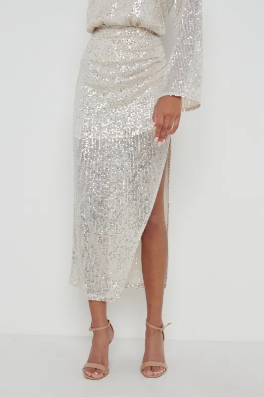 Hendrix Slit Sequin Skirt - Silver sold by Pretty Lavish
