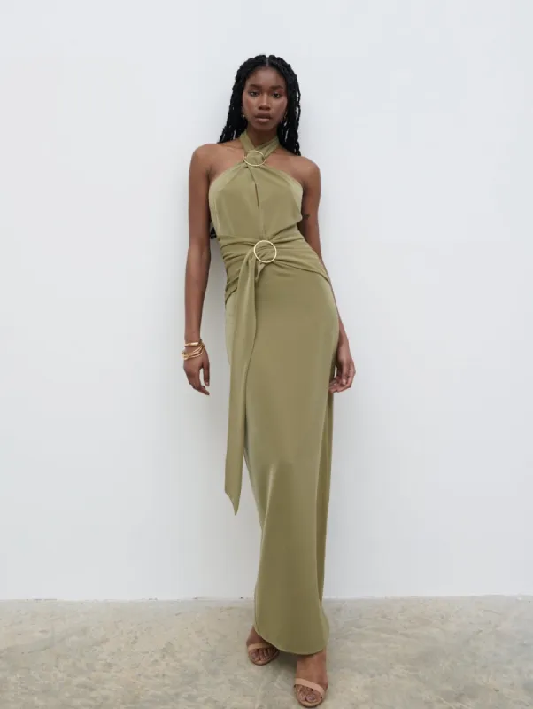 Luella Halterneck Maxi Dress - Olive sold by Pretty Lavish