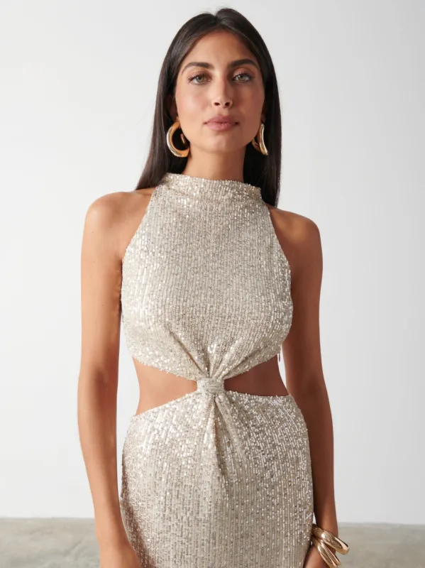 Isidora Twist Knot Sequin Midaxi Dress - Silver sold by Pretty Lavish