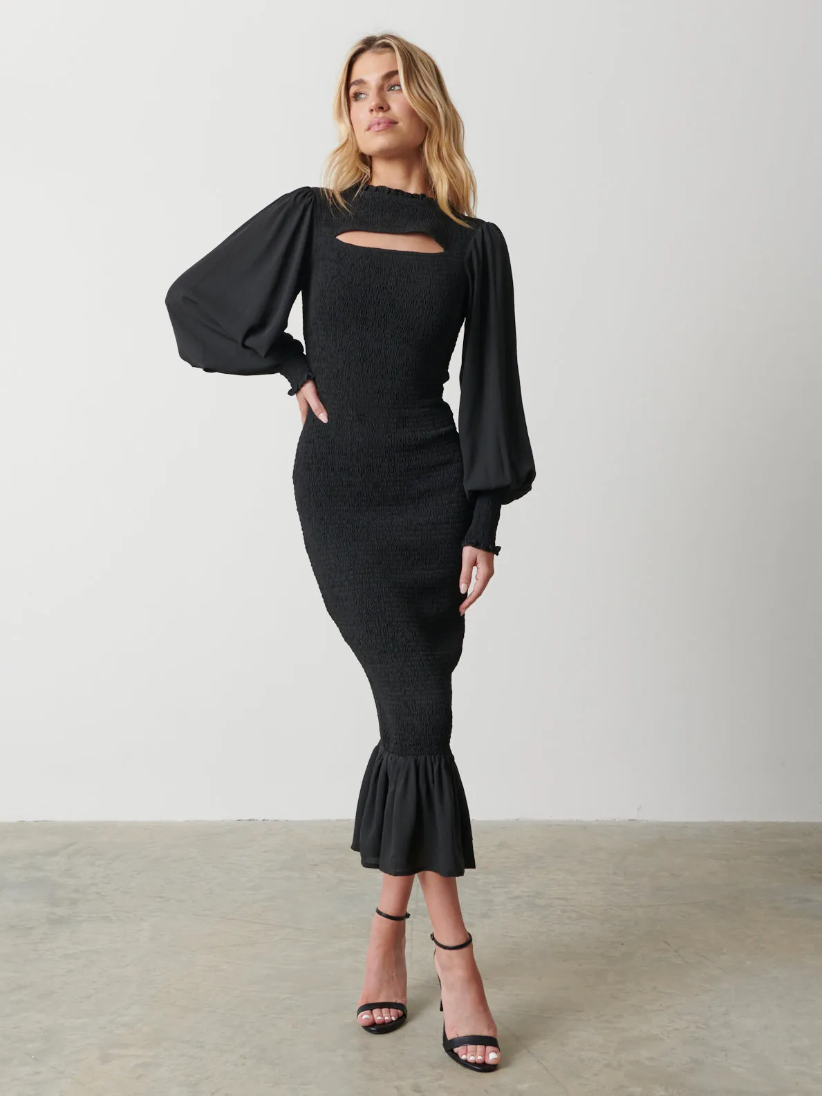 Elise Cut Out Shirred Midaxi Dress - Black sold by Pretty Lavish