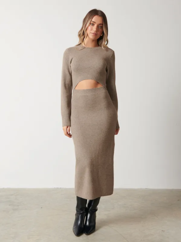 Elena Cut Out Knit Midaxi Dress - Mushroom sold by Pretty Lavish