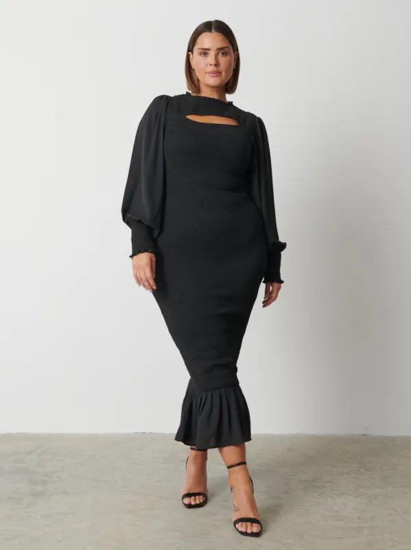 Elise Cut Out Shirred Midaxi Dress Curve - Black sold by Pretty Lavish