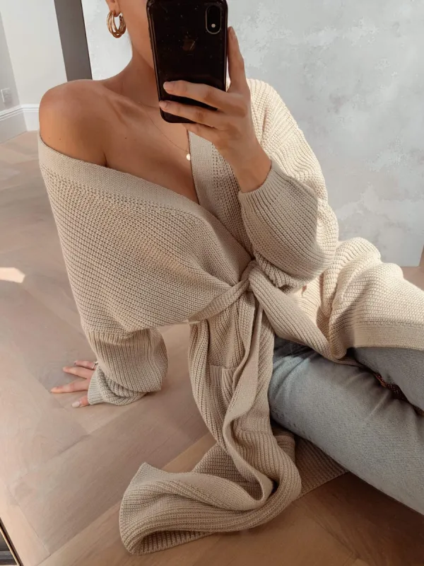 Arden Midi Tie Cardigan - Beige sold by Pretty Lavish