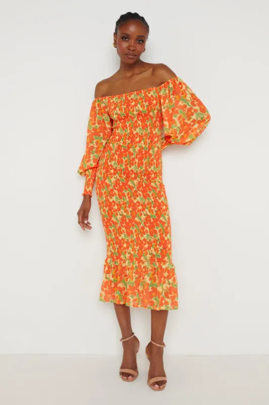 Leona Bardot Shirred Midaxi Dress - Orange and Yellow Floral sold by Pretty Lavish