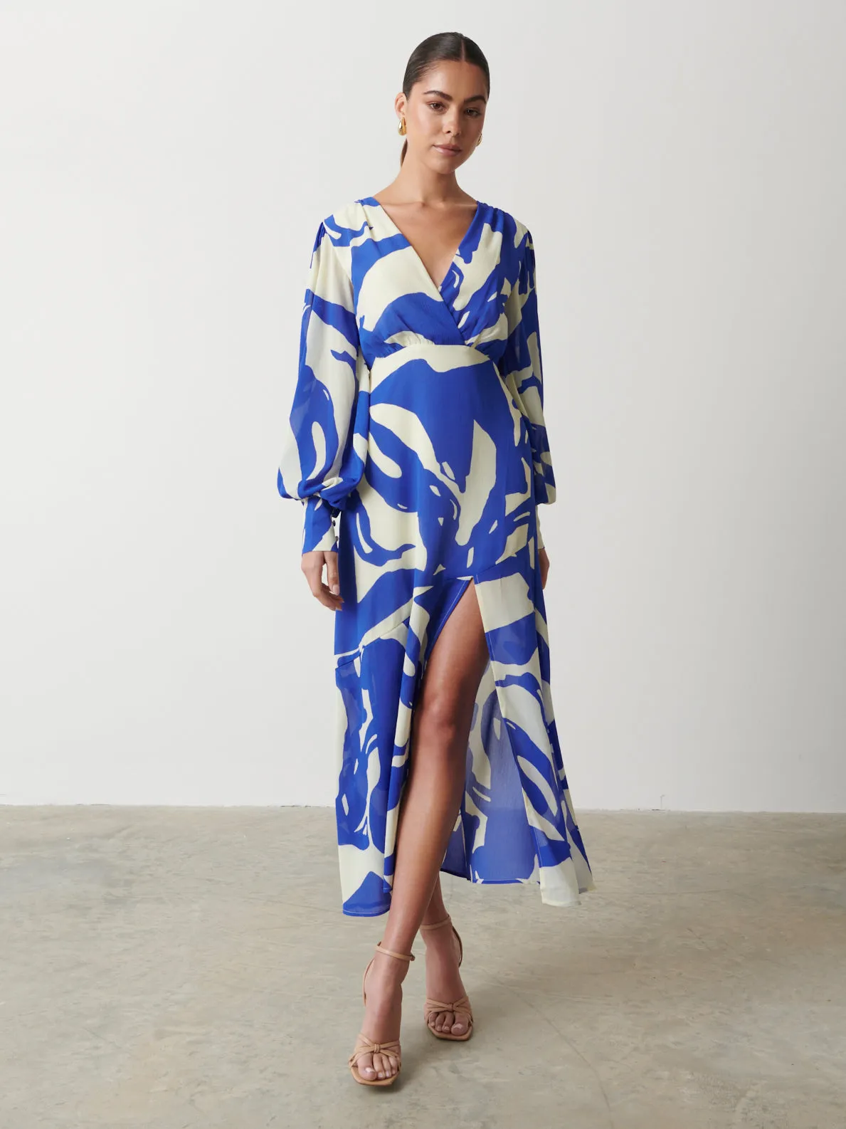 Lilianna Backless Balloon Sleeve Printed Dress - Blue Abstract sold by Pretty Lavish
