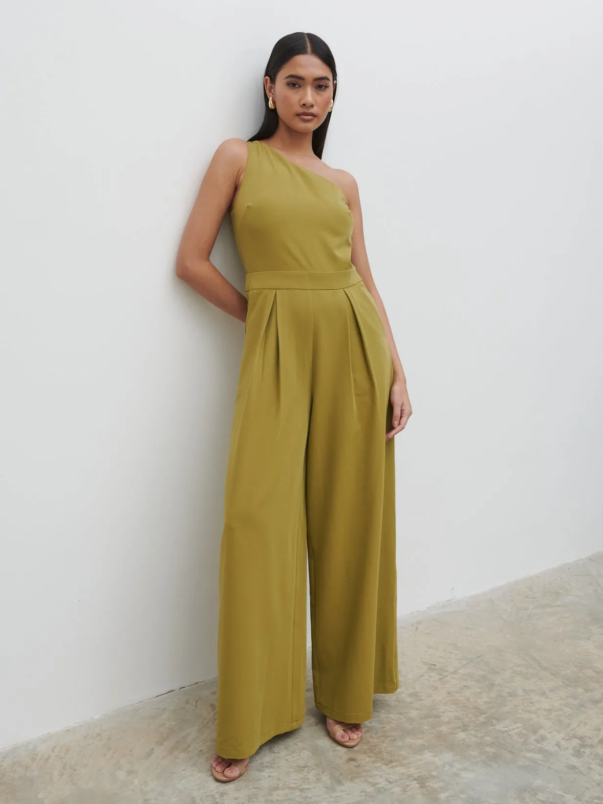 Natalie One Shoulder Jumpsuit - Tarragon Green sold by Pretty Lavish