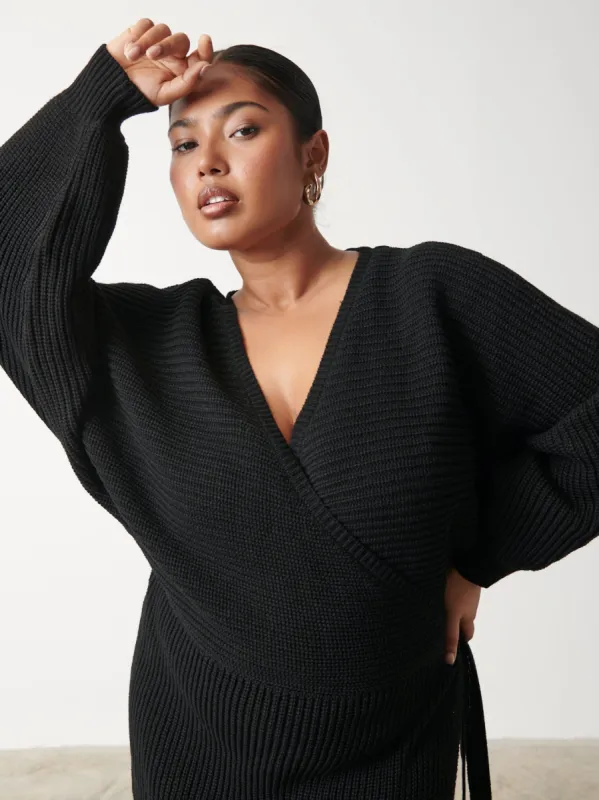 Aidan Cosy Wrap Dress Curve - Black sold by Pretty Lavish