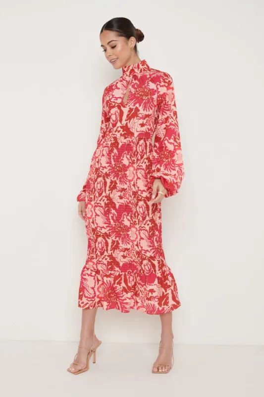 Emily High Neck Shirred Midaxi - Pink and Red Floral sold by Pretty Lavish