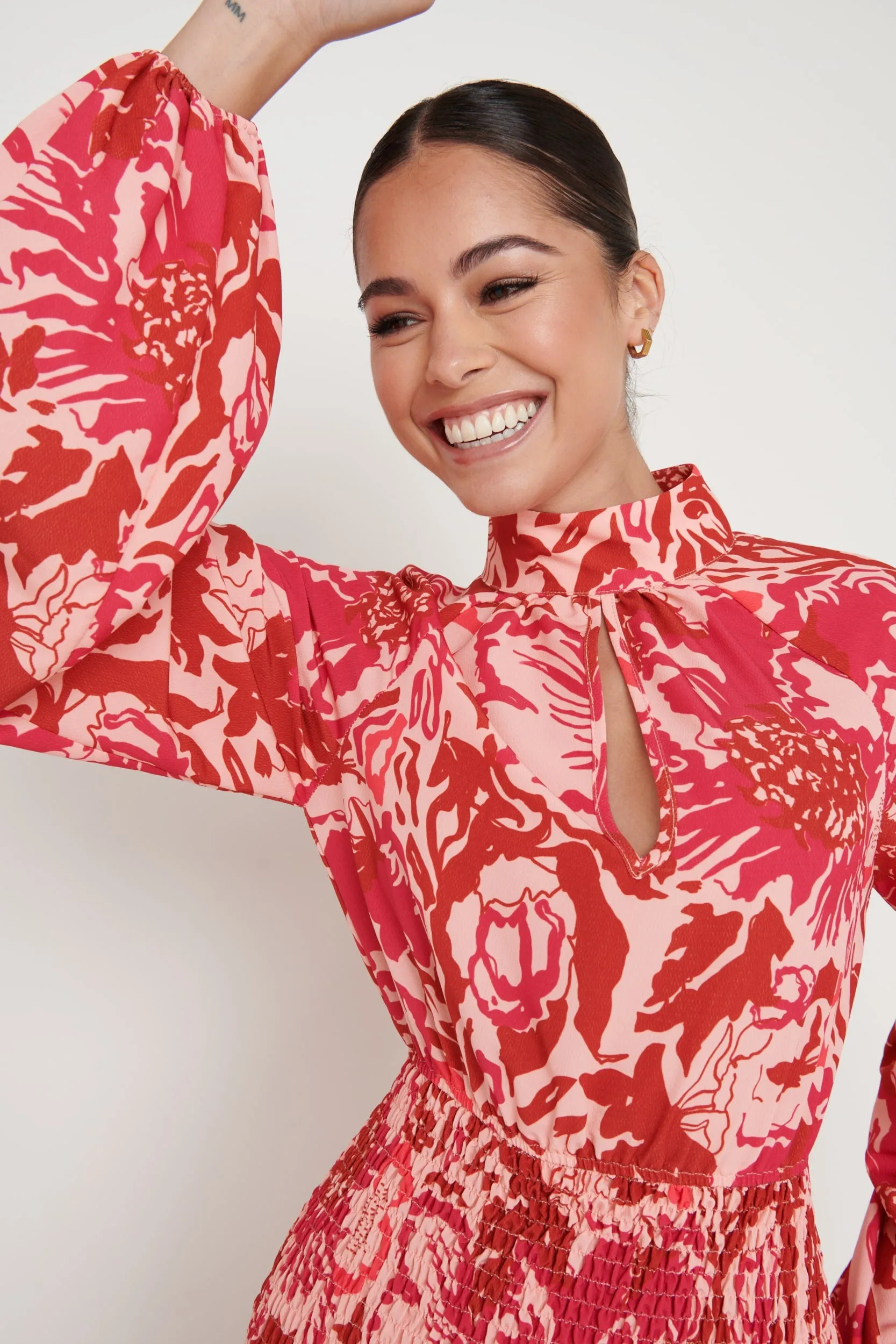 Emily High Neck Shirred Midaxi - Pink and Red Floral sold by Pretty Lavish product image thumbnail 2