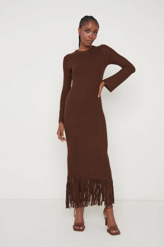 Francoise Fringed Knit Maxi Dress - Brown sold by Pretty Lavish