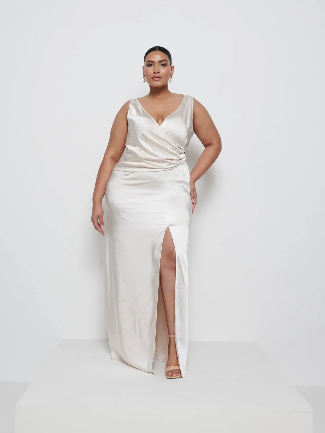 Esmee Wrap Maxi Bridesmaid Dress Curve - Champagne sold by Pretty Lavish