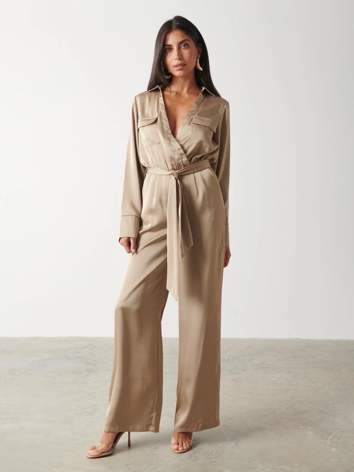 Carmen Satin Jumpsuit - Light Olive sold by Pretty Lavish