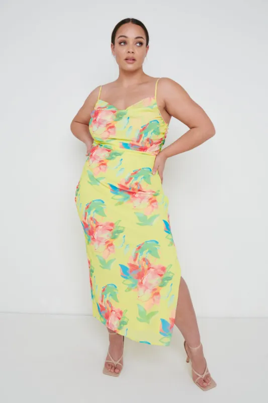Keisha Ruched Midaxi Dress Curve - Lemon Abstract Floral sold by Pretty Lavish