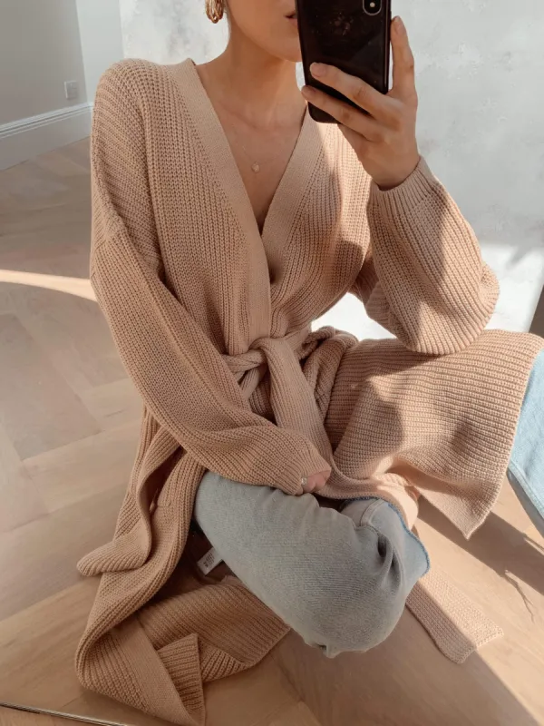 Arden Midi Tie Cardigan - Dusky Pink sold by Pretty Lavish