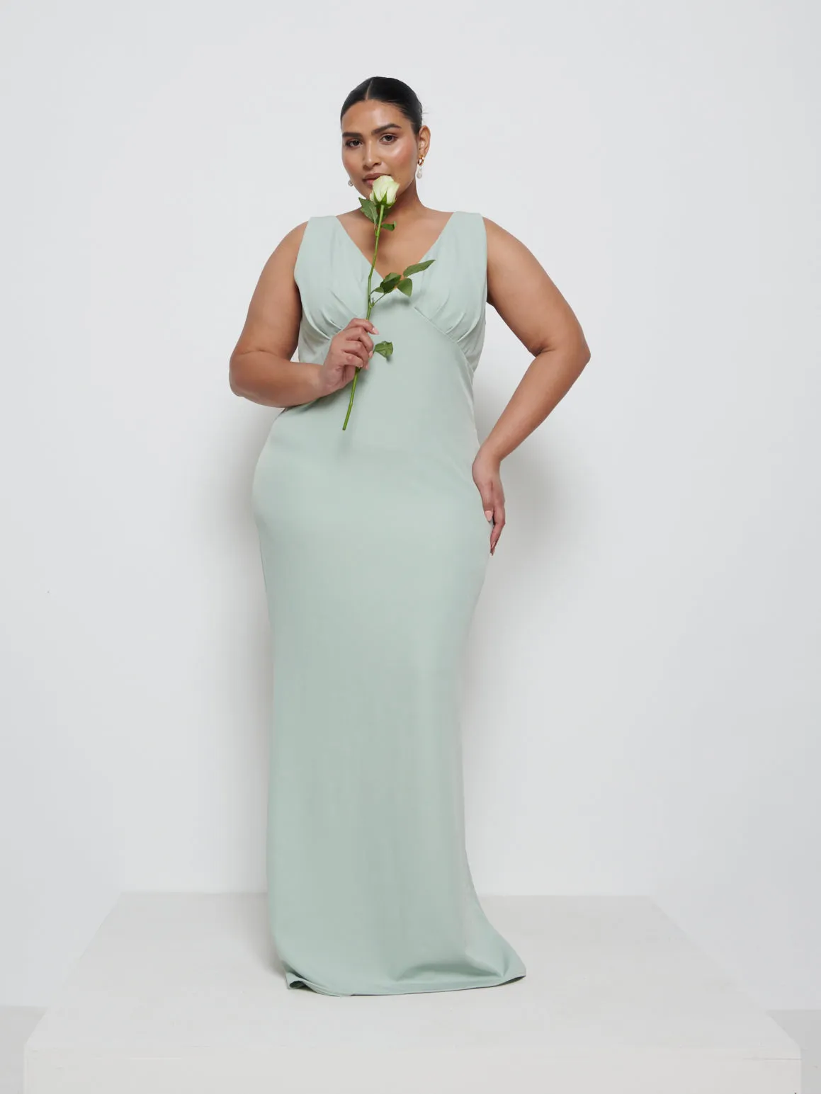 Esmee Crepe Maxi Bridesmaid Dress Curve - Sage sold by Pretty Lavish
