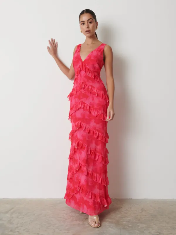 Piper Ruffle Maxi Dress - Pink and Red Watercolour sold by Pretty Lavish