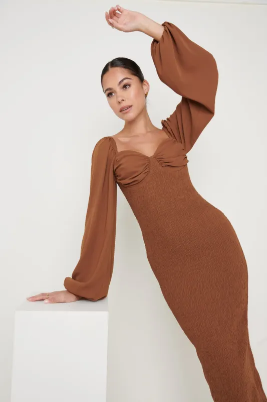 Delilah Sweetheart Neck Shirred Dress - Brown sold by Pretty Lavish