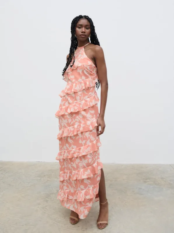 Katy Ruffle Maxi Dress - Terracotta Botanic sold by Pretty Lavish