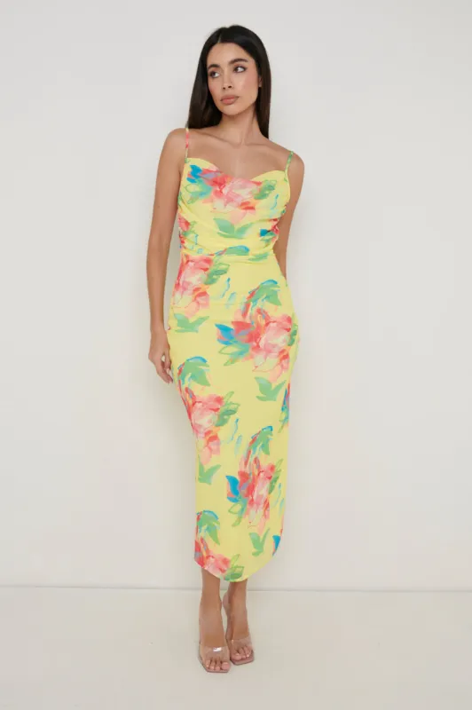 Keisha Ruched Midaxi Dress - Lemon Abstract Floral sold by Pretty Lavish