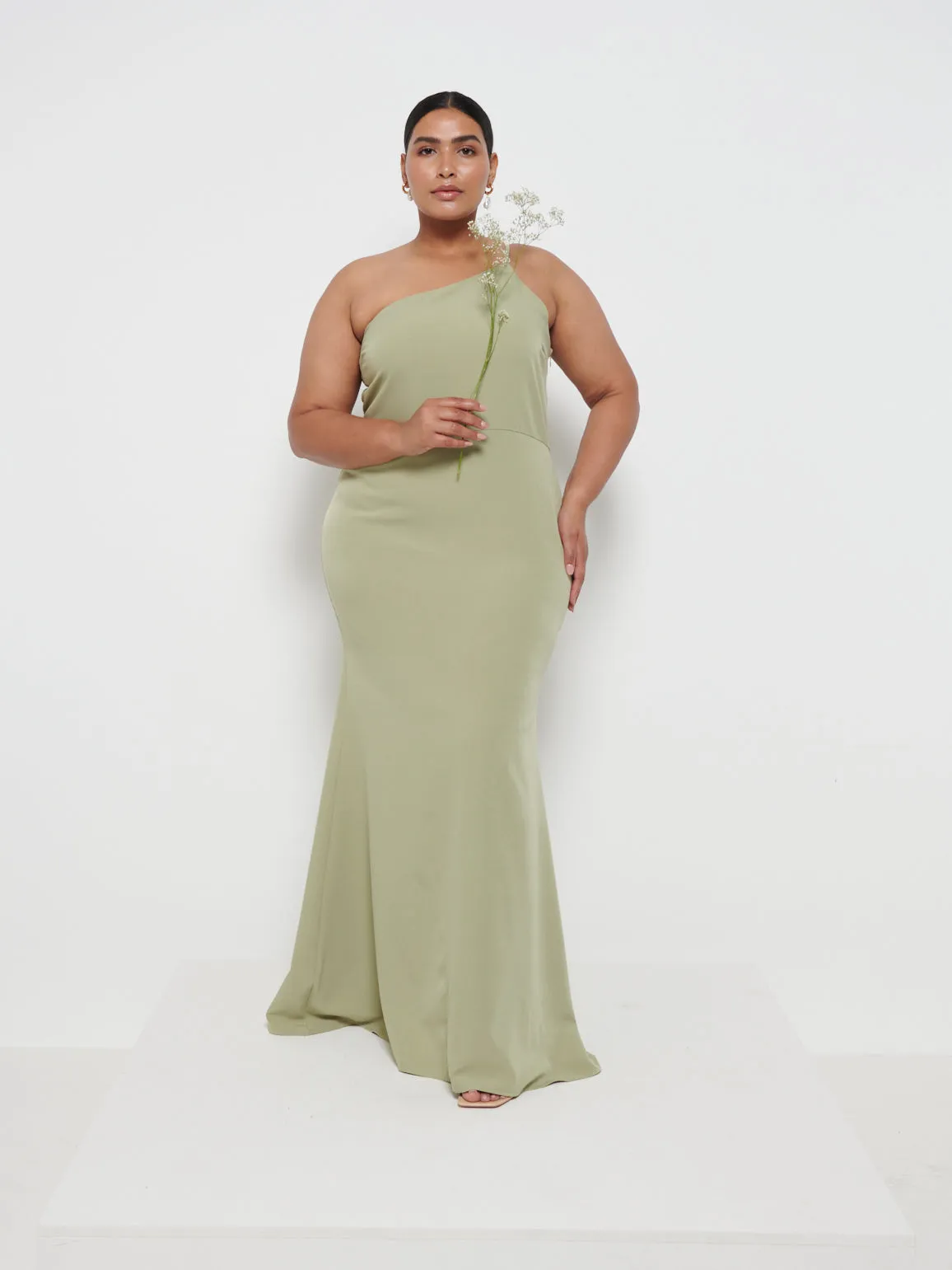 Amelia Crepe Maxi Bridesmaid Dress Curve - Olive sold by Pretty Lavish